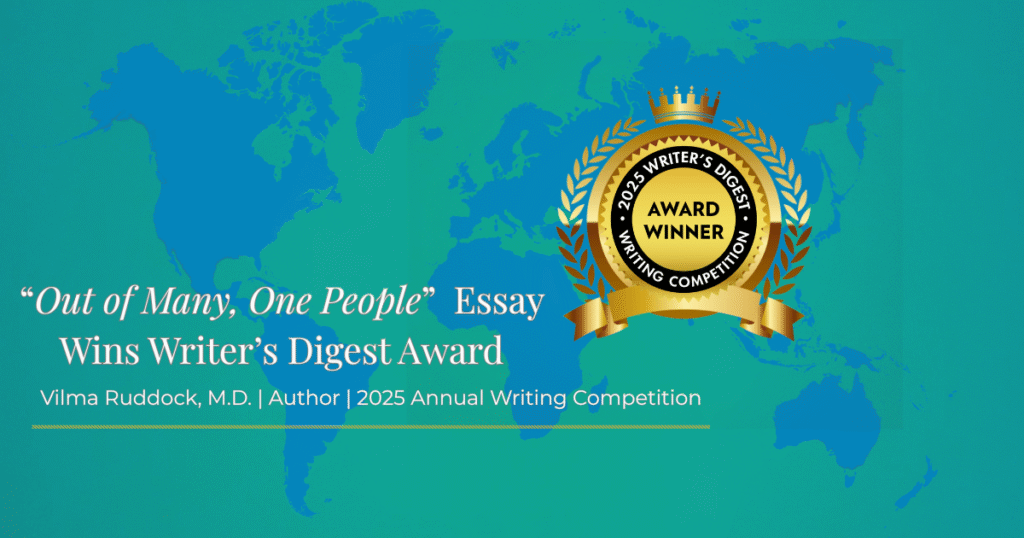 Writer's Digest award with description and author's name on a world mapp background
