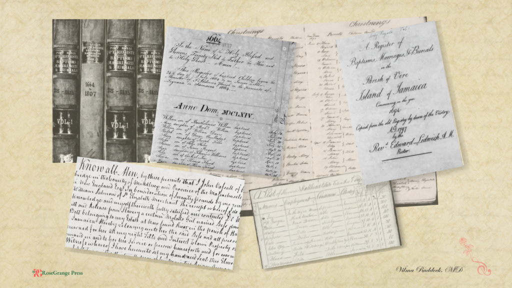 Collage of historical Jamaican documents on parchment background