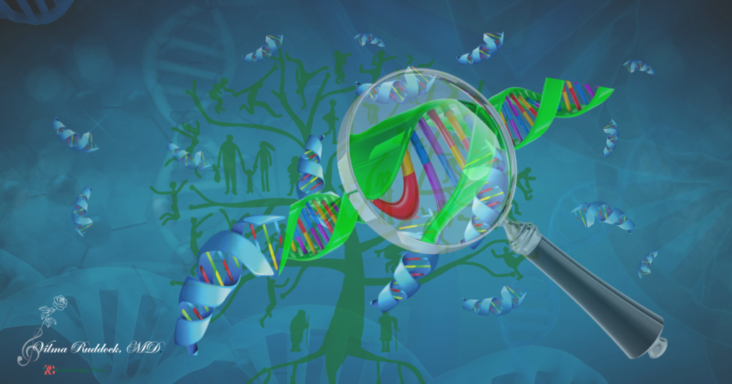 DNA helix strands on a blue background and a family tree with people shapes.
