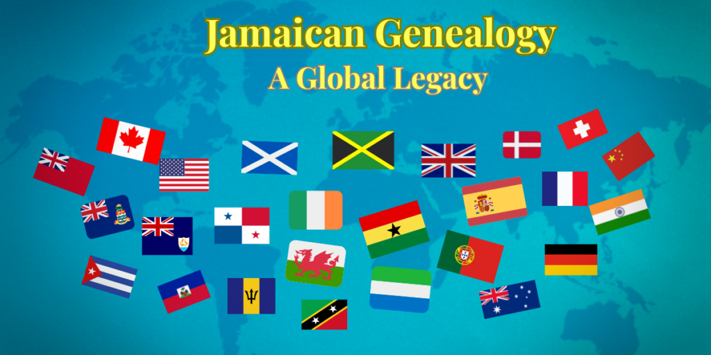 World map overlaid with country flags to depict Jamaica's global ancestry.