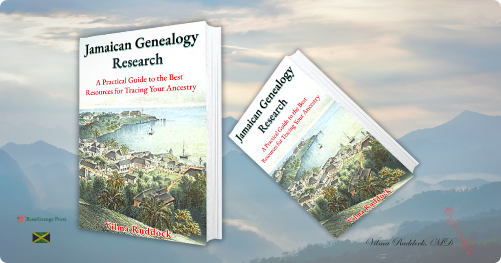 Two images of author's genaelogy book on a mountains and sunrise background