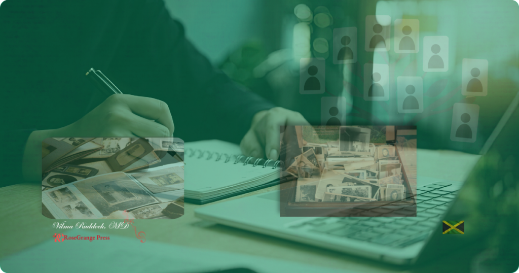 start in Jamaican genealogy with pen, notebook, and computer overlaid with vintage photos.