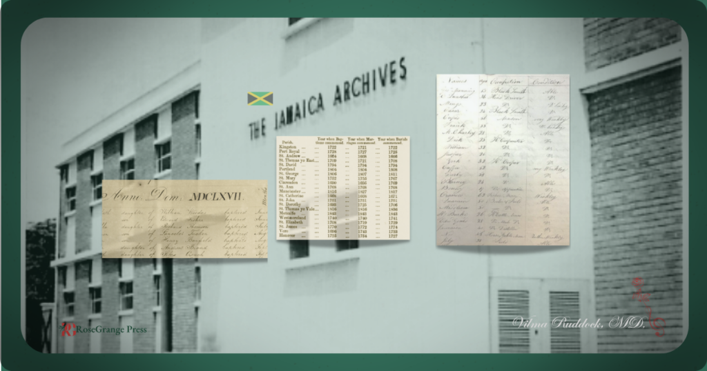 Jamaica Arcihves building overlaid with family history research documents