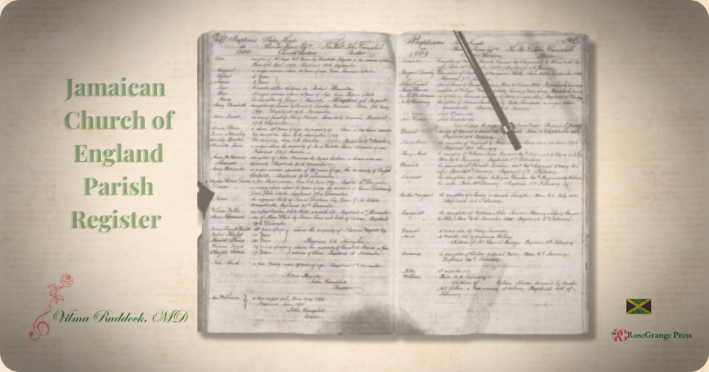 Two pages of a Jamaican Church of England Parish Register on a parchment background